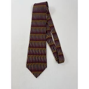 Oscar de la Renta 100% Silk Designer Tie Burgundy & Gold Wave Pattern